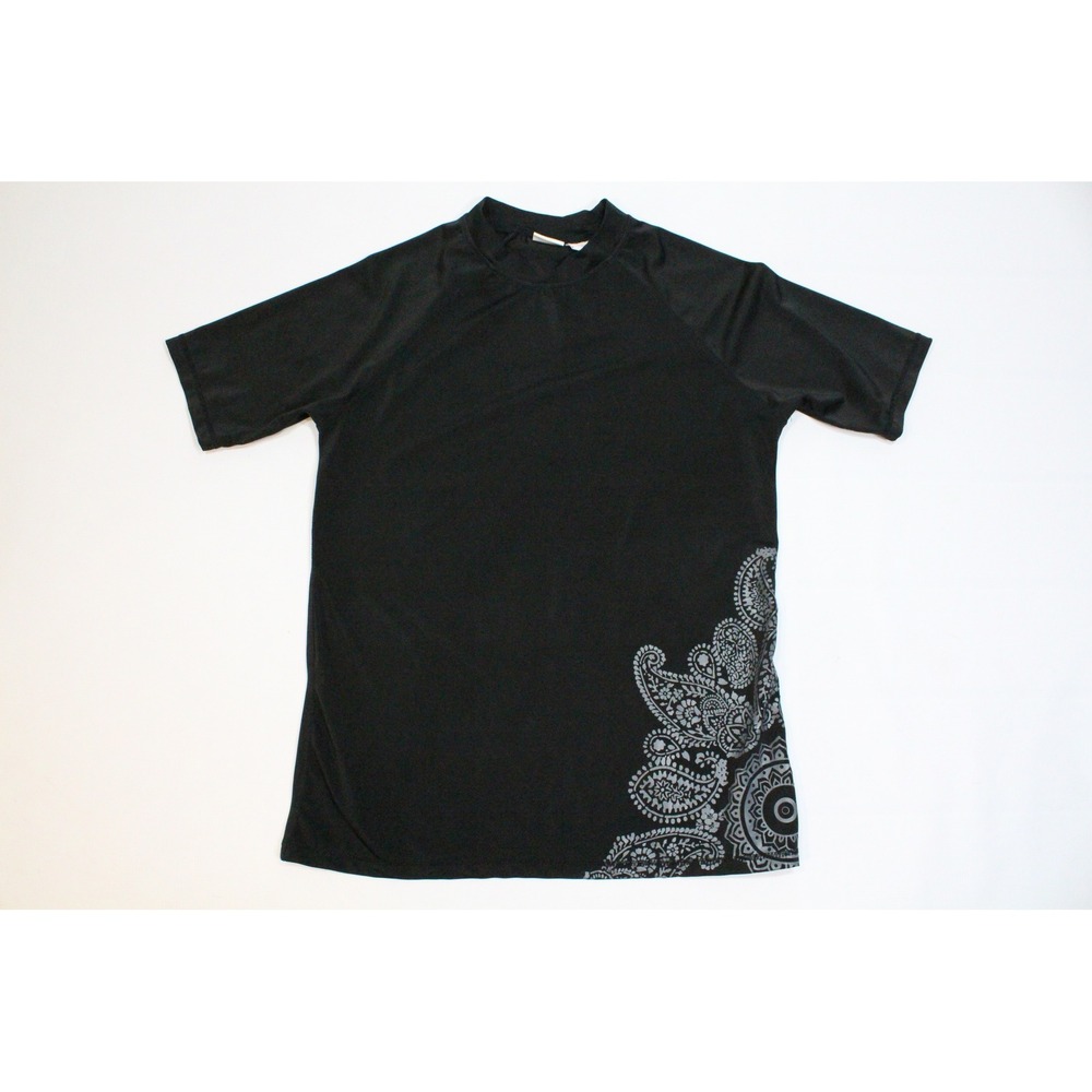 Kanu Surf Womens Black Paisley Rash Guard Short Sleeve Swim Shirt Large